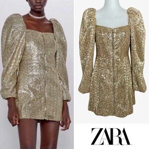 Zara Gold Sequin Puff-Sleeve Mini Dress